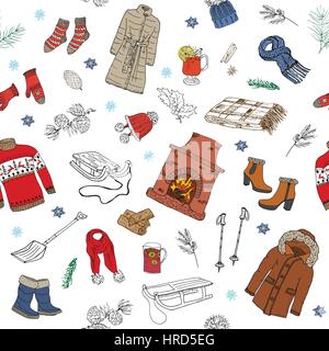 Winter season doodles seamless pattern. Hand drawn sketch elements fireplace, glass of hot wine, clothes, warm blanket, socks, gloves and hat. vector  Stock Vector