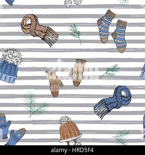 Winter season doodle clothes seamless pattern. Hand drawn sketch elements warm socks, gloves and hats. striped vector background illustration Stock Vector