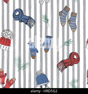 Winter season doodle clothes seamless pattern. Hand drawn sketch elements warm socks, gloves and hats. striped vector background illustration Stock Vector