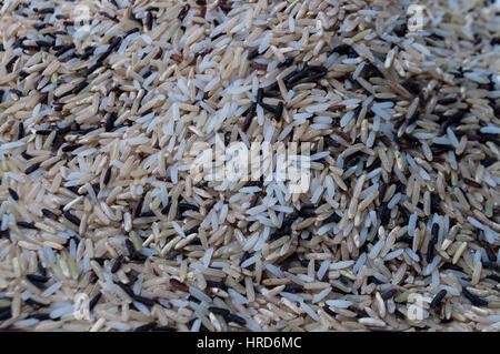 Multi grain rice mixed for healthy eating. Raw rice consists of mainly brown jasmine rice, black riceberry rice and some white jasmine rice for better Stock Photo