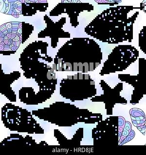 Graphic pattern with seashells watercolor spots. Stock Vector