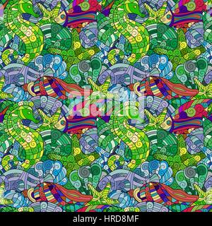 Colorful cartoon hand-drawn doodles. Under water life. Vector Stock Vector