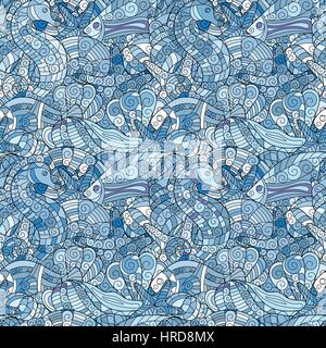 Colorful cartoon hand-drawn doodles. Under water life. Vector Stock Vector