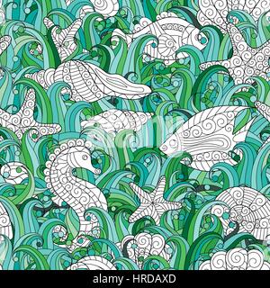 Seamless pattern of colorful hand drawn seashells, starfish and seahorse Stock Vector