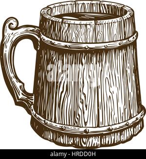 Hand-drawn vintage wooden mug of craft beer. Ale, brew, drink symbol. Sketch vector illustration Stock Vector