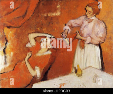 'Combing the Hair' (La Coiffure) is an Impressionist painting by Edgar Degas, portraying a woman having her hair combed. The artwork reflects Degas’ fascination with everyday moments and delicate compositions. Stock Photo