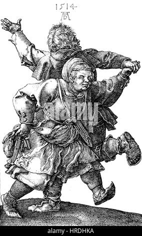 A peasant couple dancing, copper engraving by Albrecht Duerer, 1514, Germany, reproduction of an woodcut from the 19th century, 1885 Stock Photo