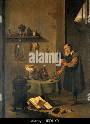 This oil painting by an unknown follower of a renowned artist depicts an alchemist in his laboratory, immersed in the study of chemistry and transformation. The scene reflects the alchemical process of transformation and discovery in early modern science. Stock Photo