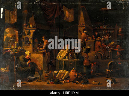 An alchemist in his laboratory. Oil painting by a follower o Wellcome V0017666 Stock Photo