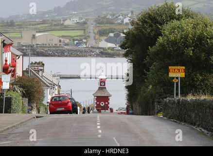 View down the main street of Knightstown, Valentia Island, County Kerry, Ireland. Renard Point is on the far shore, the ferry runs between both points Stock Photo