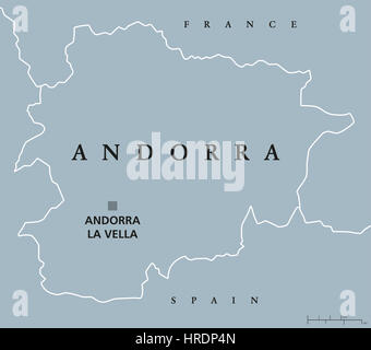 Andorra political map with capital Andorra la Vella and neighbors France and Spain. Principality,  country and microstate in Southwestern Europe. Stock Photo