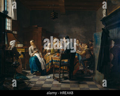 A New Tune, a painting by Jan Josef Horemans (II), a Flemish painter, 1740-1760, presenting an interior scene with a young woman playing a klavecimbel, surrounded by a group of people drinking tea and smoking pipes, while an older man makes advances on a young woman in the background. Stock Photo