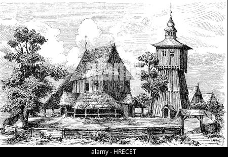 Church of oak logs in Ludom, Lubom from the 13th century, Silesia, Poland, reproduction of an woodcut from the 19th century, 1885 Stock Photo