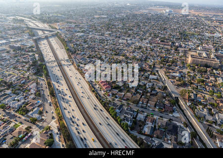 Los Angeles, California, USA - August 6, 2016:  Aerial view of the Century 105 freeway in smoggy afternoon light. Stock Photo