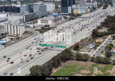 Los Angeles, California, USA - March 22, 2014:  Aerial view of free flowing traffic on Los Angele's giant San Diego 405 Freeway. Stock Photo