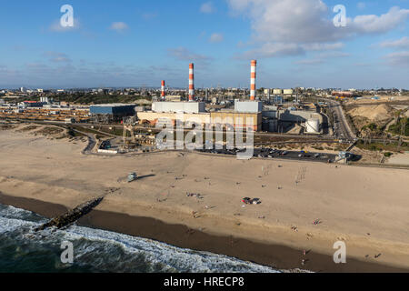 Los Angeles, California, USA - August 6, 2016:  Aerial view of Dockweiler State Beach and power generating station. Stock Photo