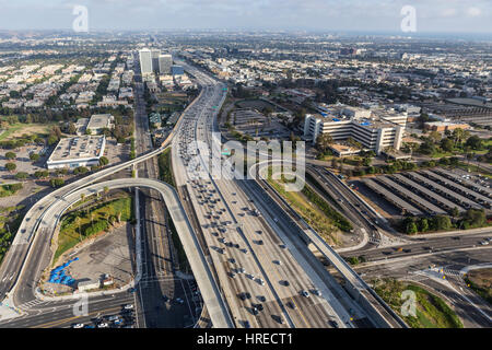 Los Angeles, California, USA - August 6, 2016:  Aerial view of Wilshire Blvd ramps to the San Diego 405 Freeway in West Los Angeles. Stock Photo