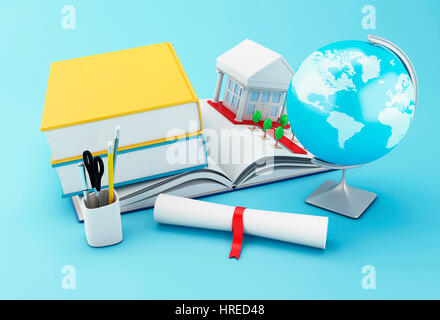 3d illustration. Stack of book with rolled diploma, globe and university building. World graduation concept. Stock Photo