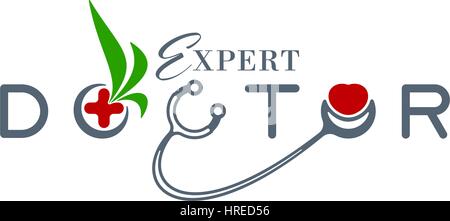 Typographic doctor logo design with medical icons on white background. Vector illustration. Stock Vector