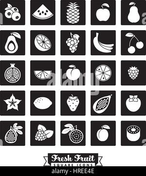 Collection of 25 fruit vector icons, negative in rounded black squares Stock Vector