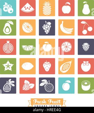 Collection of 25 fruit vector icons, negative in rounded color squares Stock Vector