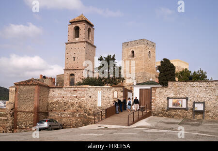 Visitors leaving the Castillo de Alora or Moorish castle, Alora, Spain Stock Photo