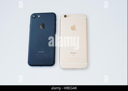 Hai, Ukraine - March 1, 2017:  Apple Iphone 7 and 6S isolated on white background. Stock Photo