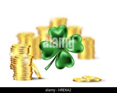 Green clover leaf, vector illustration for St. Patrick day. Blured stack of coins and four-leaf on white background. Stock Vector