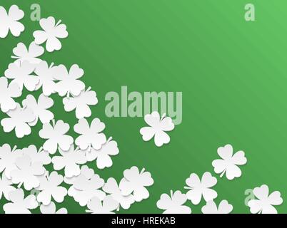 Green St. Patrick day background with clover four-leaf flat white paper cut leaves. Vector simple design. Stock Vector