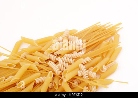 Various types of pasta. Food concept. Isolated white background. Stock Photo
