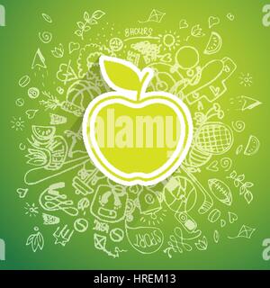Helthy lifestyle apple concept, doodle illustration Stock Vector