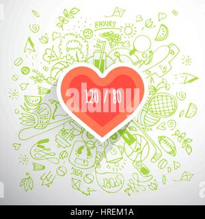 Helthy lifestyle heart concept, doodle illustration Stock Vector