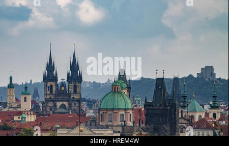 The skyline of Prague's Old Town with clouds in the sky Stock Photo
