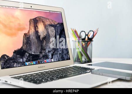 KIEV, UKRAINE - JANUARY 29, 2015: Brand new Apple MacBook Air Early 2014 with home page on screen, designed and developed by Apple Inc., it was releas Stock Photo