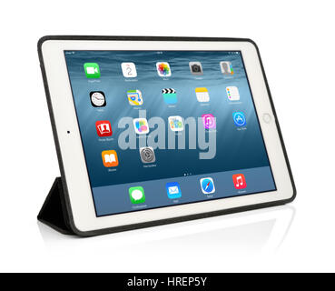KIEV, UKRAINE - JANUARY 29, 2015: Brand new white Apple iPad Air 2, 6th generation of the iPad, developed by Apple inc. and was released on October 16 Stock Photo