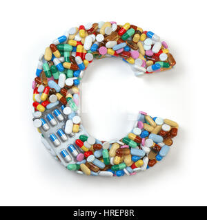 Letter C. Set of alphabet of medicine pills, capsules, tablets and blisters isolated on white. 3d illustration Stock Photo