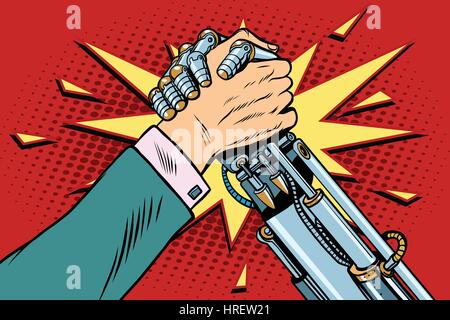 Man vs robot Arm wrestling fight confrontation, pop art retro vector illustration. New technology progress Stock Vector