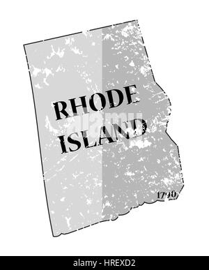 A grunged Rhode Island state outline with the date of statehood isolated on a white background Stock Photo