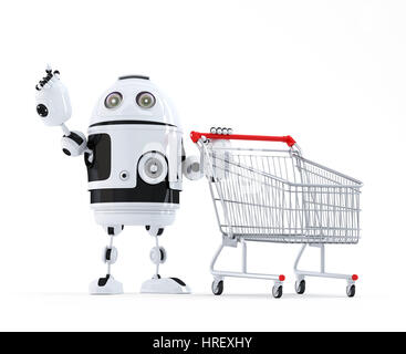 Robot with shopping cart pointing at invisible object. Isolated Stock Photo