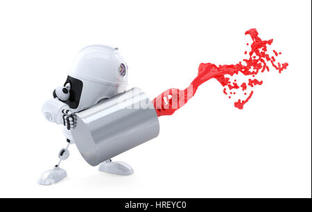 Android Robot pours the paint out of the can. Isolated on white Stock Photo