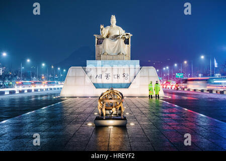 SEOUL, SOUTH KOREA - JANUARY 14: This is a statue of King Sejong and is a a famous landmark of central Seoul where many tourists visit on January 14,  Stock Photo