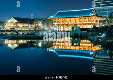 INCHEON, SOUTH KOREA - FEBURARY 10: Architecture in Incheon Central Park at night time which is the center of the city's financial district and a famo Stock Photo