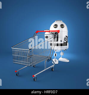 Android robot with shopping cart. Rendered over blue background Stock Photo