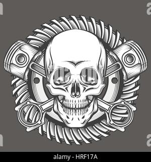 Vintage Skull With Crossed Piston and Motorcycle Gear Emblem. Biker Club or Motorcycles workshop design element. Vector illustration in engraving styl Stock Vector