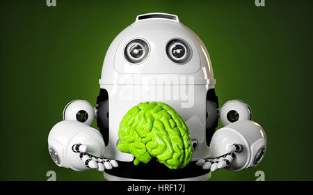 Android holding a large green brain. Rendered over green background Stock Photo