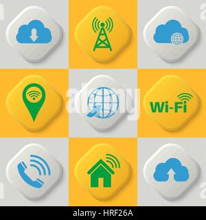 Set of nine icons of a wireless communication, wifi, cloud storage, network. Wi-Fi connection. Cloud service. Button. Vector element of graphic design Stock Vector