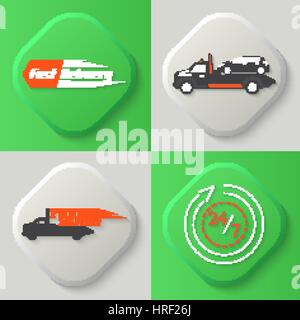 Set of four icons. Fast delivery. Wrecker. Tow truck. Free delivery. Round the clock work. Button. Vector element of graphic design Stock Vector