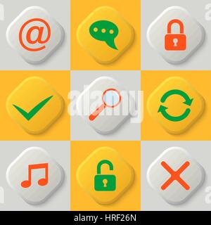 Set of nine web icons. Lock. Unlock. Approve. Cancell. Search. Update and synchronization. Multimedia. Mailbox. Vector element of graphic design Stock Vector