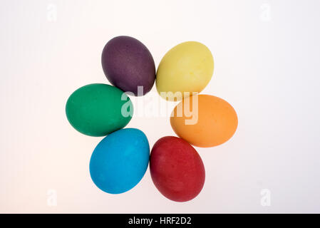 Six colorful Easter eggs on white background Stock Photo