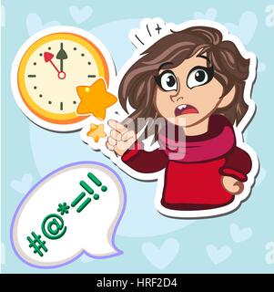 Vector Illustration of Stick Kid Girl Showing using her arm as Hand Clock pointing 11. 55 o clock Stock Vector